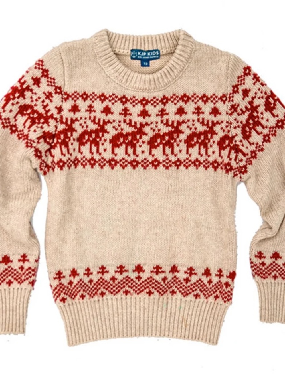 Kiel James Patrick Kids Cream Sweater with Red Nordic Moose Pattern